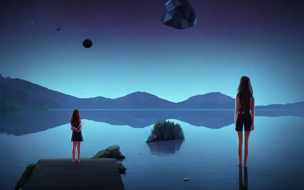 Image similar to girl staring at a meteorite hitting a calm lake at night by wlop, low poly art, ultra detailed color art, high detail, digital art