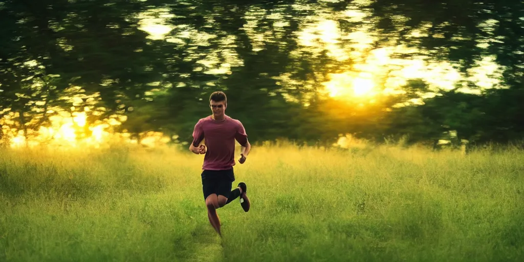 Image similar to A young man running through a lush green countryside, with the sun setting over the sea, trending on artstation, 4k, soft focus