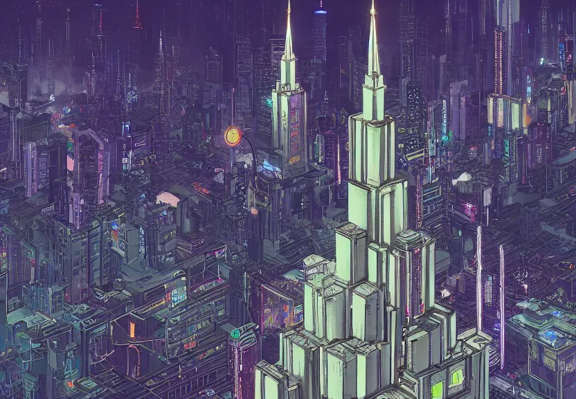 Image similar to a distant mormon temple in cyberpunk neo tokyo