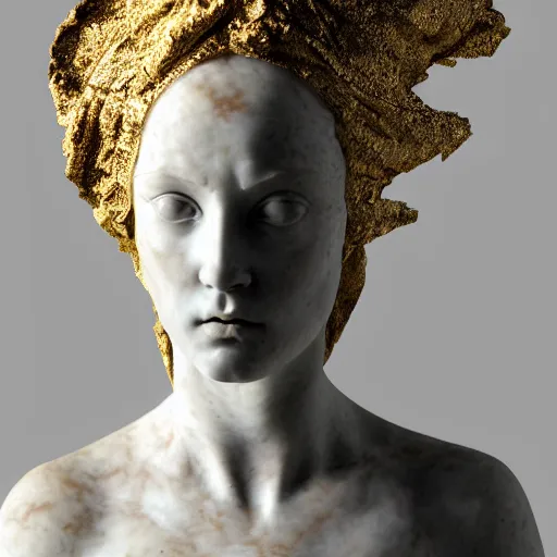 Image similar to a masterpiece marble sculpture of the veiled virgin, subsurface cracks, !dramatic !face, !female, covered in intricate !detailed golden !!streaked veil , physically based rendering, photo realistic, top light , dark background by Dan Hillier