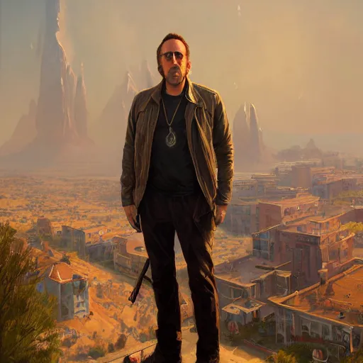 Image similar to highly detailed portrait, nicolas cage, in gta v, stephen bliss, unreal engine, fantasy art by greg rutkowski, loish, rhads, ferdinand knab, makoto shinkai and lois van baarle, ilya kuvshinov, rossdraws, tom bagshaw, global illumination, radiant light, detailed and intricate environment