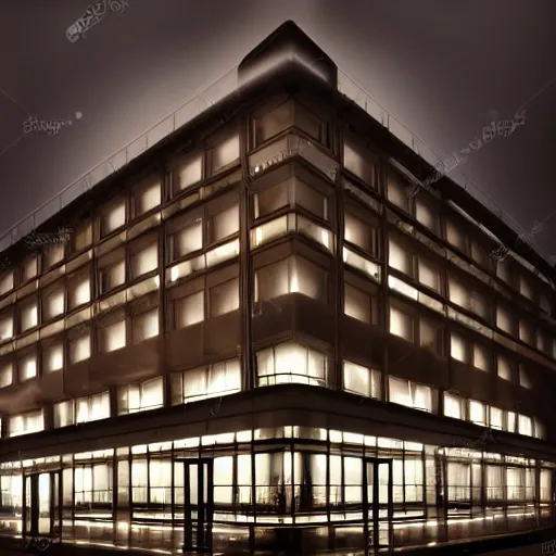 Image similar to modern high end designer restaurant at night in the foggy rain, symmetrical art deco office building with organic lighting, moody, epic composition, professional photograph, highly detailed, warm lighting, large windows, dramatic lighting,