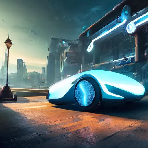 Image similar to futuristic car parked in front of a glowing sci-fi container in a pleasant urban setting, peaceful, majestic, a sense of hope, in style of apex legends, art station, ultra hd, soft light, overhead sun, ultra hd, art station