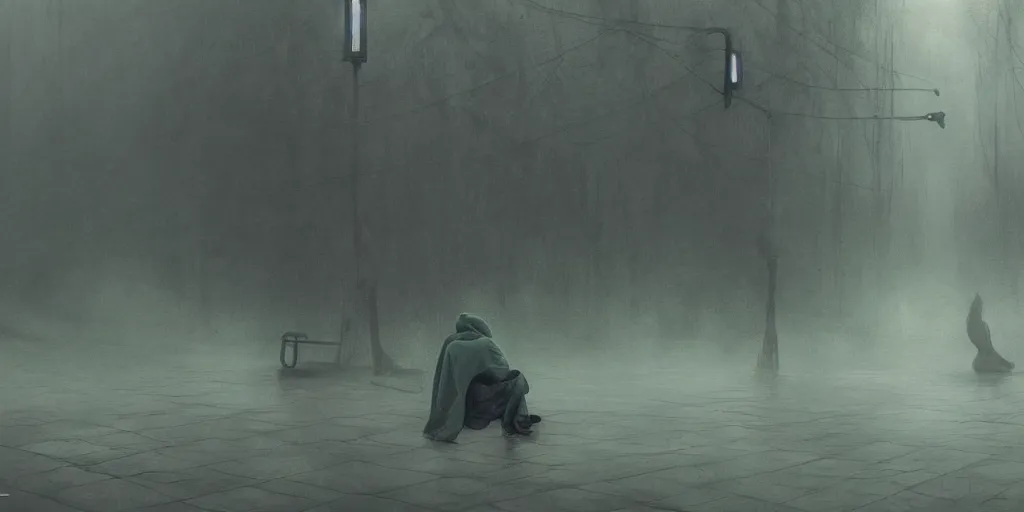 Prompt: guy wearing dark green hoodie sitting at bus stop, dark tv show style, foggy, movie still, spooky, epic scene, surrealism, art by peter mohrbacher, tsutomu nihei, h. r. giger and zdzisław beksinski, 4 k, realistic