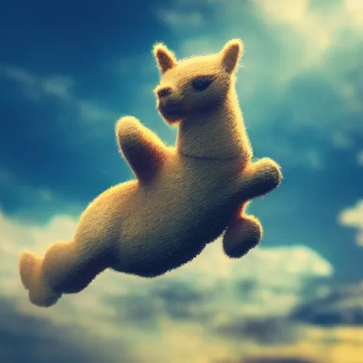 Prompt: closeup of an adorable mystic flying golden furred alpaca god seen paddling with hoofs through the clouds listening to sky music, fluffy fluffy fur, magic anatomy, surprisingly coherent and realistic, octane, 4 k, dreamy blurred lens, analog filter, bokeh