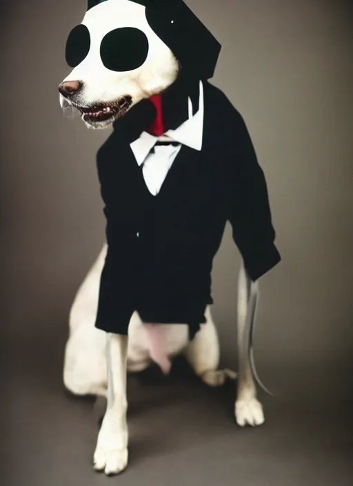 Image similar to a fashion portrait photograph of a dog in a suit wearing mask designed by jean paul gaultier, 3 5 mm, color film camera, pentax