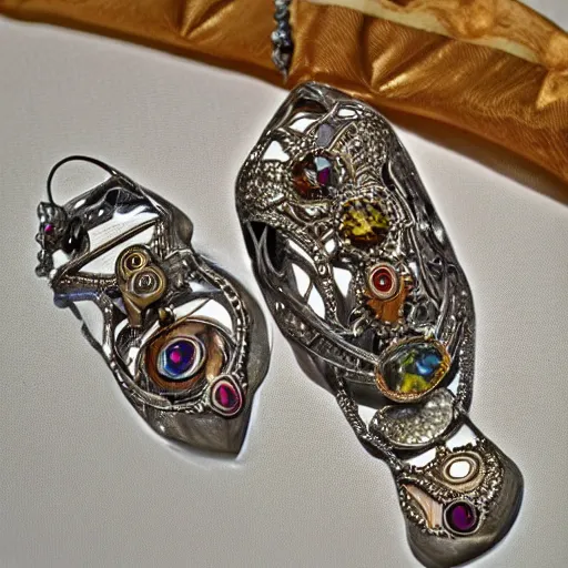 Image similar to jewelry inspired by salvador dali, high detail, product photo