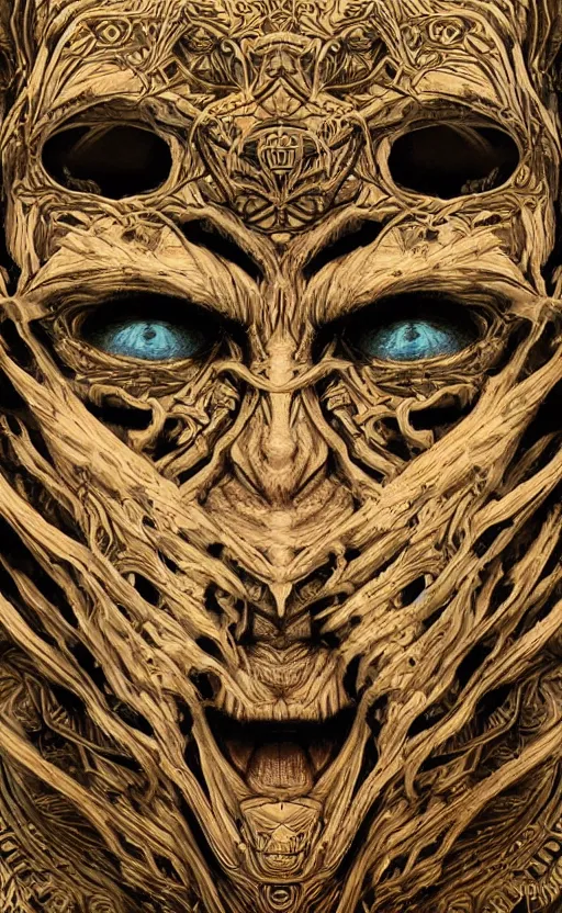 Prompt: Elder Ring themed painting of ancient hybrid majestic aztec shaman fantasy cyber human beautiful symmetrical face angry mask closeup face mask tattoo pattern golden ratio concept, deep forest psytrance Neo-Gothic concept, infinity glyph waves, intricate artwork masterpiece, very coherent artwork, cinematic, full frontal facial features by Artgerm, Takato Yamamoto, Zdizslaw Beksinski, Johnatan Wayshak, Moebius, H.R. Giger, Ayami Kojima, very coherent artwork, trending on cgsociety, ultra high quality model, production quality cinema model, high detail chromatic ink outline, octane render, unreal engine, 8k mandelbulber fractal, hyper realism, high detail, octane render, unreal engine, 8k, High contrast