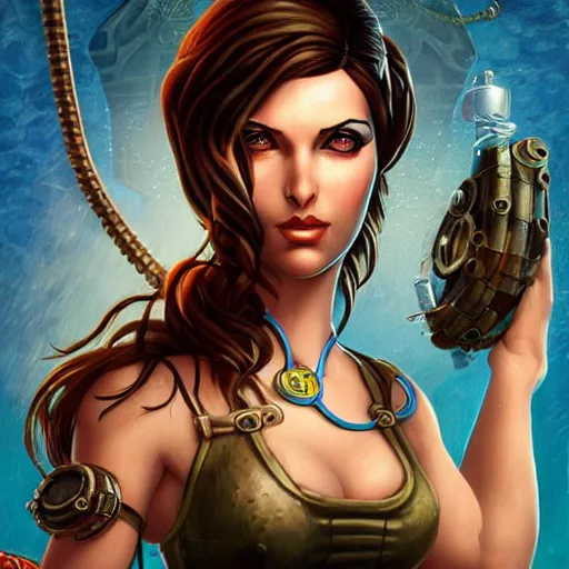 Image similar to underwater bioshock steampunk portrait of lara croft, Pixar style, by Tristan Eaton Stanley Artgerm and Tom Bagshaw.