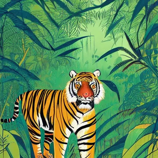 Prompt: beautiful tiger camouflaged in the mysterious jungle by victo ngai