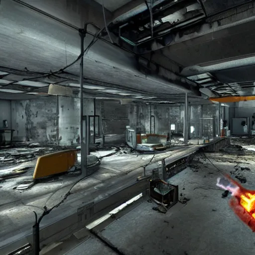 Image similar to a destroyed and burning research facility, black mesa, half - life, modern, lasers, pipes, scientists, photo realistic