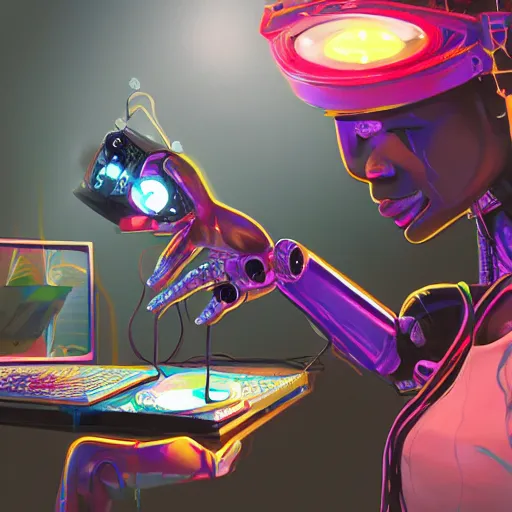 Image similar to a black girl fixing a robot, in the nature, mixing solarpunk, afropunk and cyberpunk technology and aesthetic ( ( ( ( volumetric light ) ) ) ), high angle, part by pearl fryar, part by prince damah, sunny day, trending on artstation, cinematic view, illustration, painting.