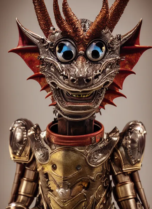 Prompt: closeup portrait of a tin toy mediedval dragon, depth of field, zeiss lens, detailed, symmetrical, centered, fashion photoshoot, by nicoletta ceccoli, mark ryden, lostfish, earl nore, hyung tae, frank frazetta, breathtaking, 8 k resolution, extremely detailed, beautiful, establishing shot, artistic, hyperrealistic, octane render