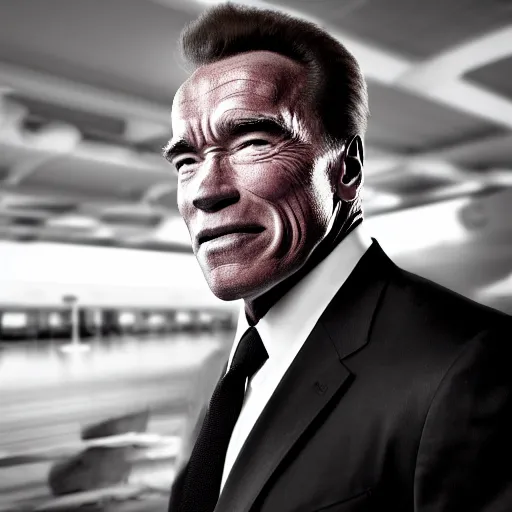 Image similar to arnold schwarzenegger working at the airport, 4 k, hyper realistic, dslr, high resolution, landscape, beautiful