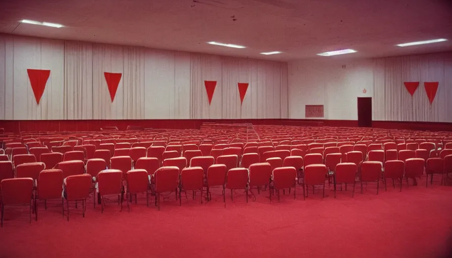 Prompt: 60s movie still of a sovietic stalinist style empty ballroom with chairs and soviet flags, cinestill 800t 50mm eastmancolor, liminal Space style, heavy grain-s 150