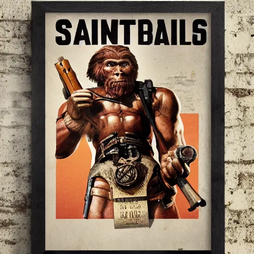 Image similar to saint homo neanderthalis, portrait, propaganda poster, with book of science on his right hand, and riffle, pop art, gta chinatown wars art style, bioshock infinite art style, hyperrealistic, two colors, white frame border, 4 k, uhd, remove duplicate content, align left.