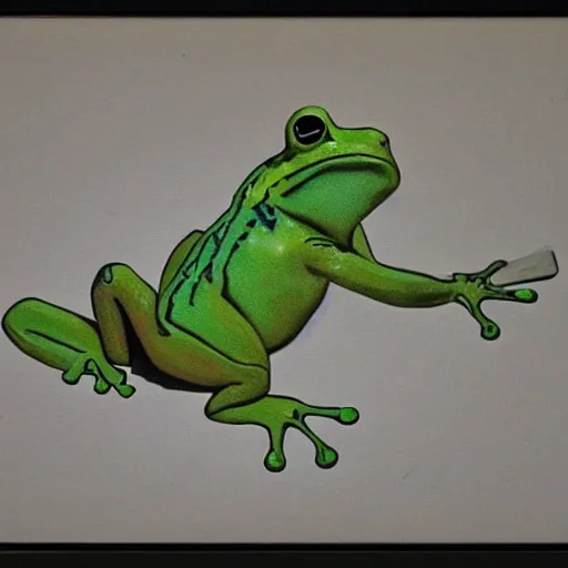 Image similar to frog with a human body, art