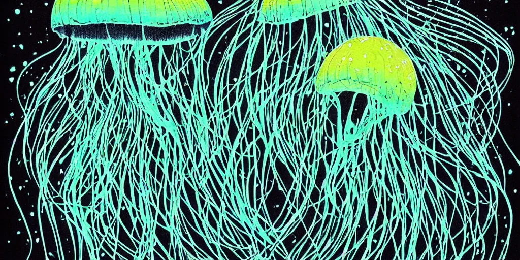 Image similar to cell shading jellyfish on black paper, vivid colours, by Moebius, hiroshi yoshida, Druillet