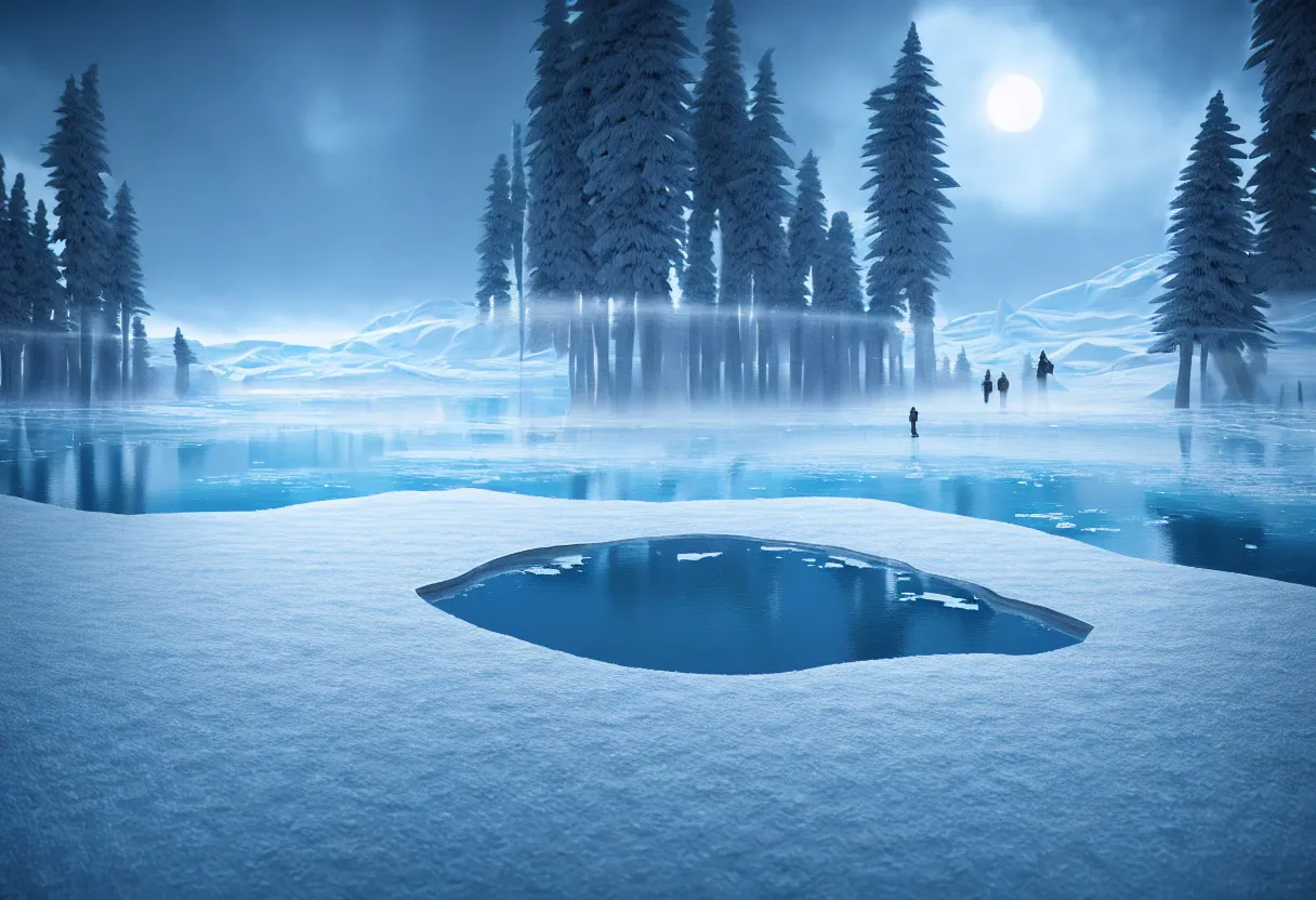 Prompt: inside of frozen lake winter landscape of human mind and imagination, matte painting, beautiful render, octane render, concept art