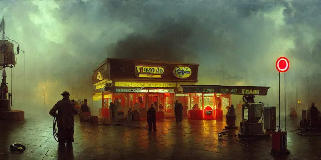 Image similar to a gas station in 1 9 4 0 with yellow and red light in the middle of the night, a men stand up next to the pump, mystical blue fog, oil on canvas, art by andreas achenbach, clemens ascher, tom bagshaw and sabbas apterus,