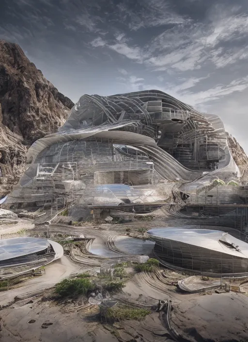 Image similar to techno chuquicamata bioremediation white mining tailing futuristic horizontal } architecture, epic, cinematic, hyperealistic, high detailed, corona render, hdr, ray tracing