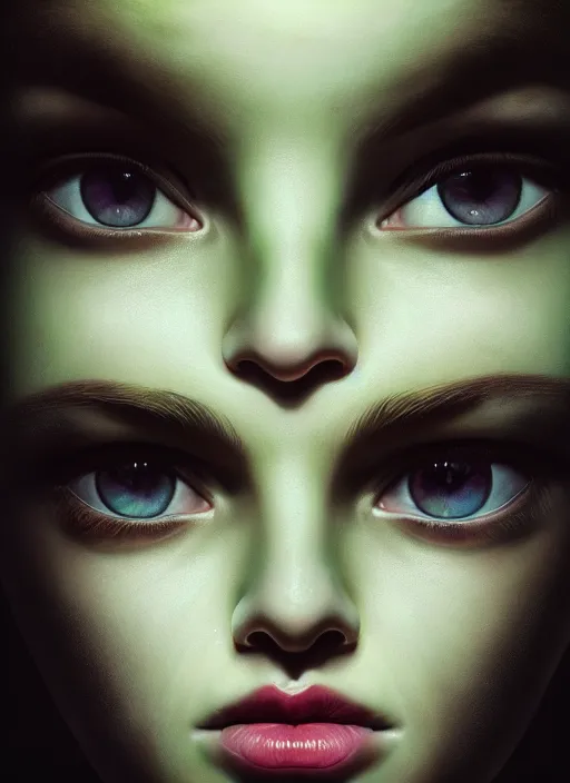 Prompt: portrait of a ominous girl, perfect green eyes, detailed iridescent floral pattern skin, ultra realistic, cinematic lighting, depth of field, artstation, Gottfried Helnwein