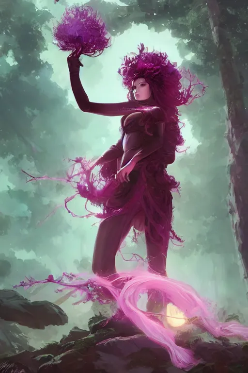 Image similar to a highly detailed tarot card of A beautiful woman, with medium length magenta hair covering an eye, and a tall tree, and large obsidian crystals, cinematic lighting, dramatic atmosphere, by Dustin Nguyen, Akihiko Yoshida, Greg Tocchini, Greg Rutkowski, Cliff Chiang, 4k resolution, trending on artstation