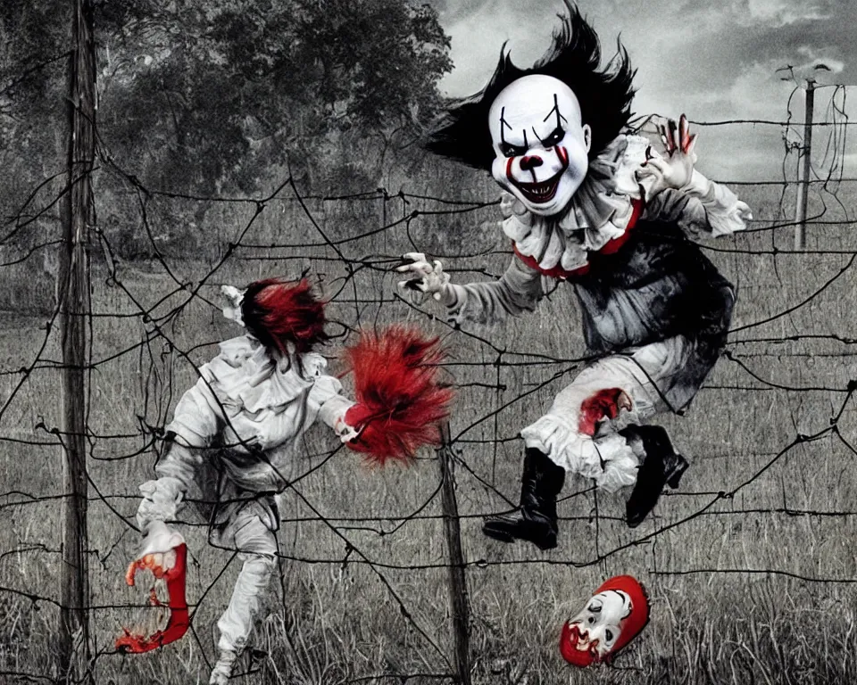 Image similar to a horror movie poster featuring a raidioactive Pennywise jumping through a electric fence