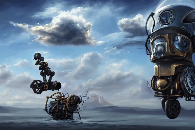 Image similar to an epic fantasy detailed illustration of an unmanned flying robotic vespa scooter among the clouds by alejandro burdisio and michael whelan, industrial, hydraulics, prosthetics, 4K, golden hour hues