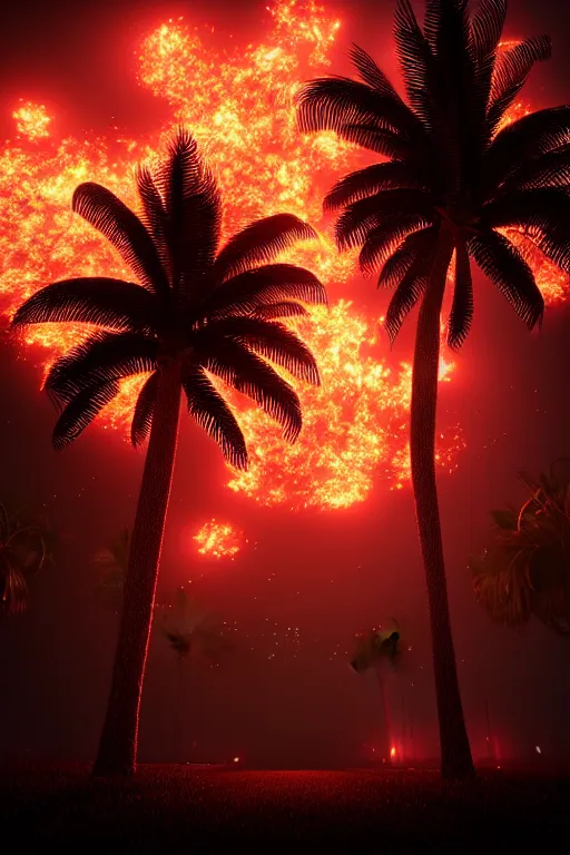 Image similar to hyper-detailed 4K photography Fiery Palm tree lights up black landscape with embers, volumetric lighting, octane render, 4K resolution, trending on artstation, masterpiece