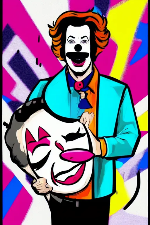 Prompt: display twitter guy wearing an blouses with clown mask. pop art, gta vice city art style, digital art, arstation art, pixel art, face and body features details, ultra realistic details, concept art, casual art, sharp focus, illustration, intecrate details, elegant, confident posse, art by mark millar and richard hamilton and mimmo rottela