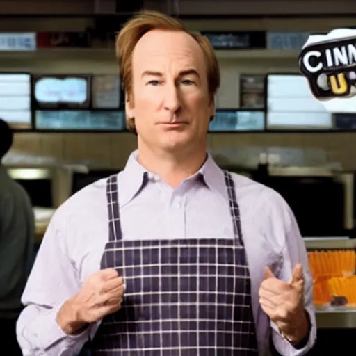 Prompt: bob odenkirk working at cinnabon, better call saul