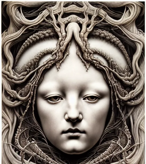 Image similar to detailed realistic porcelain beautiful moon goddess face portrait by jean delville, gustave dore, iris van herpen and marco mazzoni, art forms of nature by ernst haeckel, art nouveau, symbolist, visionary, gothic, neo - gothic, pre - raphaelite, fractal lace, intricate alien botanicals, ai biodiversity, surreality, hyperdetailed ultrasharp octane render