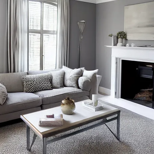 Image similar to cozy living room, grey walls, white ceiling, fireplace, medallion area rug