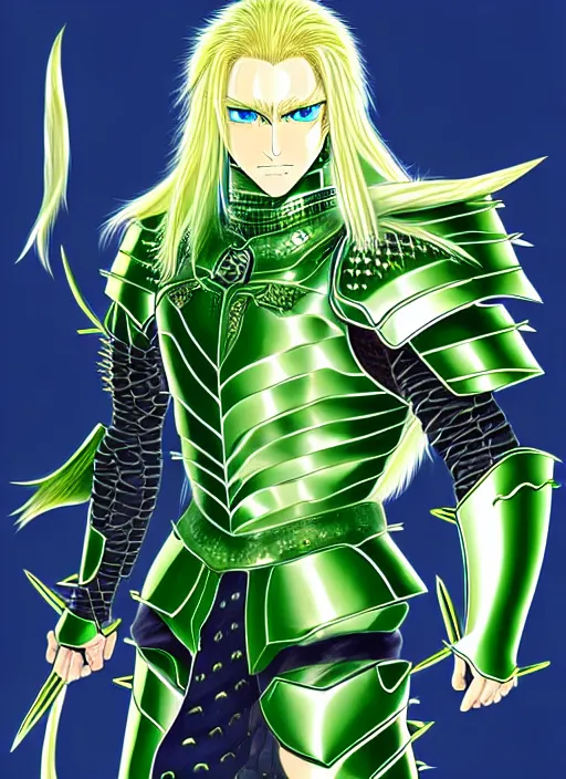 Image similar to a detailed anime full body portrait of a male warrior with long blonde hair and blue eyes wearing evil green spiked cyberpunk armour by hirohiko araki,