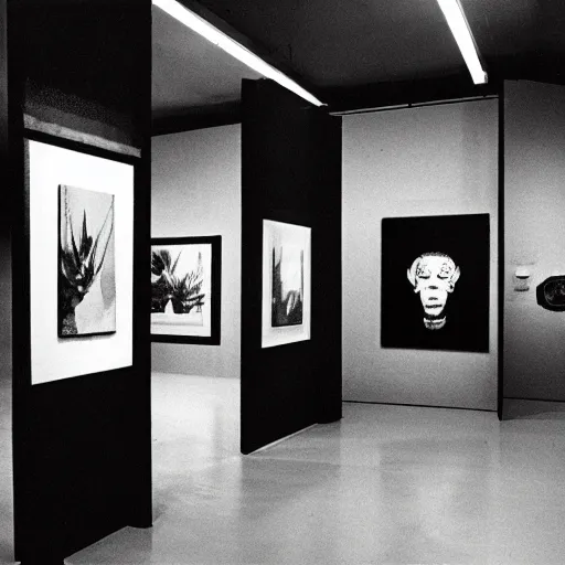 Prompt: A black and white photographie of an exhibition space with works of Sun Ra, Marcel Duchamp and tropical plants