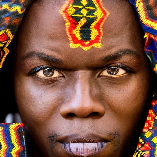 Image similar to african version of nicolas cage wearing tribal clothing close up heavy bokeh looking to lens