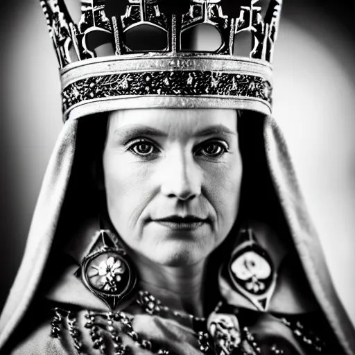 Image similar to portrait photograph of a very beautiful nordic queen with ornate cloak, bokeh, graflex camera, macro 15mm