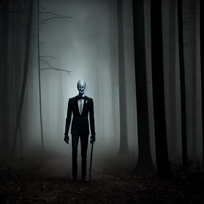 Prompt: cinematic still of slenderman in eerie dark forest, XF IQ4, f/1.4, ISO 200, 1/160s, 8K, RAW, dramatic lighting, symmetrical balance, in-frame