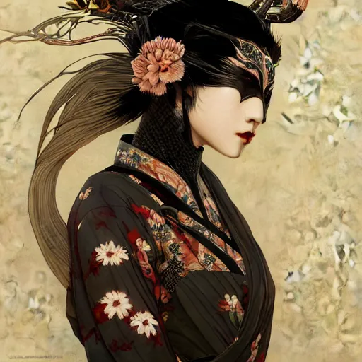 Image similar to a photorealistic dramatic fantasy render of a beautiful woman wearing a beautiful intricately detailed japanese crow kitsune mask and clasical japanese kimono by wlop, artgerm, greg rutkowski, alphonse mucha, beautiful dynamic dramatic dark moody lighting, shadows, cinematic atmosphere, artstation, concept design art, octane render, 8 k