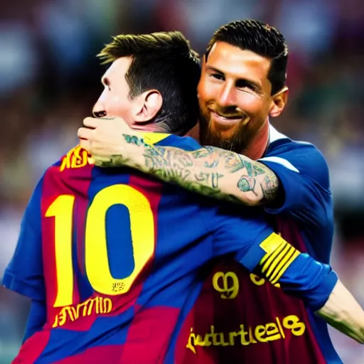 Prompt: messi hugging Ronaldo, 4K