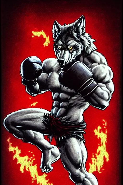 Image similar to extreme long shot. 8 bit nes graphics. antropomorphic muscular masculine wolf. kickboxer fighter, in shorts. streetfighter. wolf head. fine details, very sharp, art from nes game cartridge, vhs colors, vaporwave style, marc simonetti and hermann nitsch