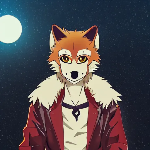 Prompt: key anime visual portrait of a handsome male anthro wolf furry fursona wearing a leather outfit downtown at night, bokeh background, official modern animation