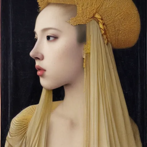 Prompt: side view portrait of young scarlet johansson in chinese costume by jan van eyck, tom bagshaw, jean delville, william bouguereau, albrecht durer, symbolist painting, mysterious mood