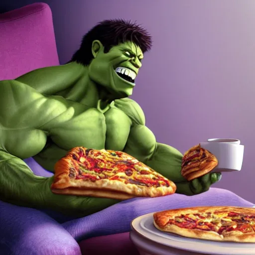 Image similar to A high definition and realistic photo of a smiling incredible hulk drinking a cup of coffee and eating pizza and croissant on a couch in his living room, hyperdetailed, artstation, digital art, photorealism, accurate, 8k,