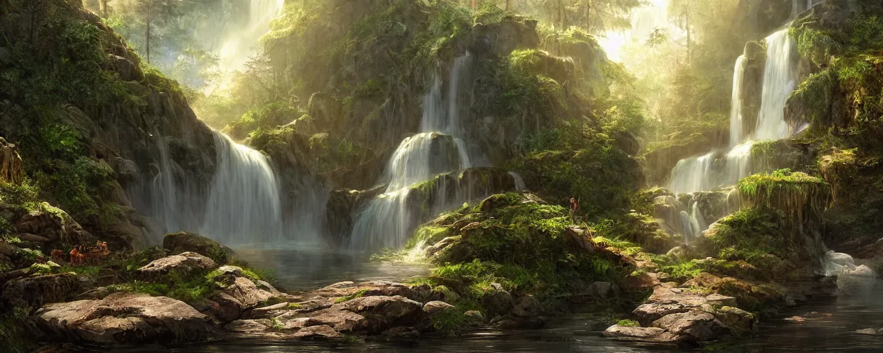 Image similar to secret waterfall in forrest, beautiful dynamic lighting, cinematic, wide angle establishing shot, extremely high detail, photo realistic, cinematic lighting, post processed, concept art, artstation, matte painting, style by frederic church, raphael lacoste, unreal engine 8 k