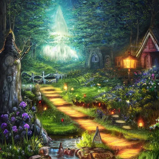 Image similar to painting, high detail, woodland village, in the night, fantasy, crescent moon, stone paths, bridge, water stream, luminous, toadstools, fireflies, fantasy,, flowers, waterfall, lanterns, mist, highly detailed painting, fine lines, 8 k realistic, sharp focus