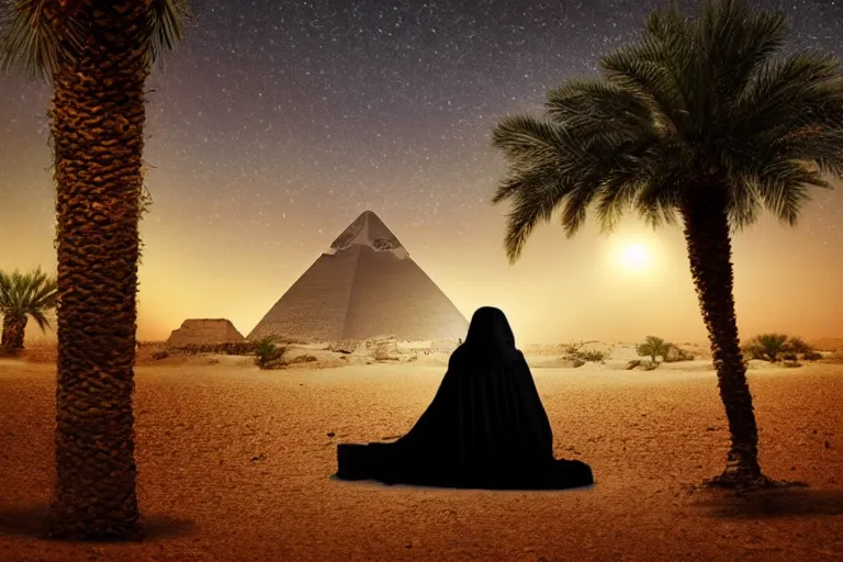 Prompt: a hooded Druid sitting under a palm tree in the Egyptian desert reading ancient scrolls in the light from a small fire at night, brown cloak, desert, starry sky, an ancient city far in the distance, strong dramatic cinematic lighting, lost civilizations, smooth, sharp focus, extremely detailed