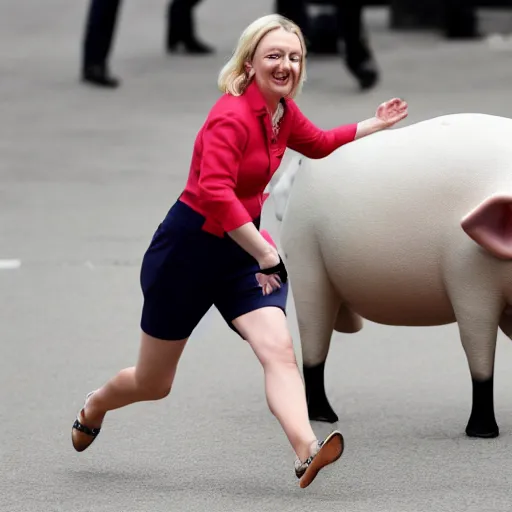 Prompt: liz truss chasing a greased pig