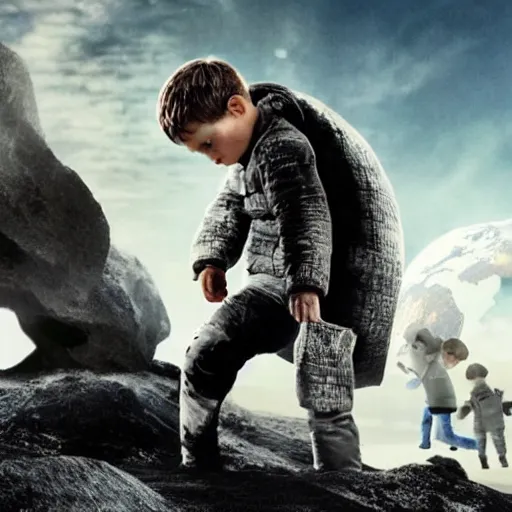 Image similar to a boy look to sky saw a huge asteroid approach to earth, cinematic, hollywood standard, a film directed by christopher nolan